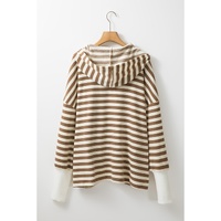 Brown Stripe Quarter Buttons Drop Sleeve Plus Size Hoodie - 1X thumbnail