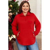 Tomato Red Cable Textured Quarter Zip Pocketed Plus Size Pullover - 4X thumbnail