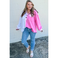 Bonbon Color Block Chest Pockets Half Button Plus Size Sweatshirt - 2X thumbnail
