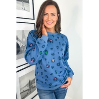 Sky Blue Leopard Ribbed Edge Drop Shoulder Pullover Sweatshirt - 4X thumbnail