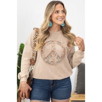 Pale Khaki Floral Peace Sign Graphic Washed Terry Plus Size Sweatshirt - 3X thumbnail