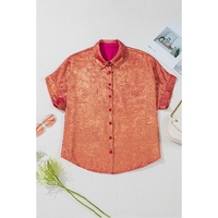 Rose Red Plus Size Metallic Sheen Short Sleeve Button Up Shirt - 1X thumbnail