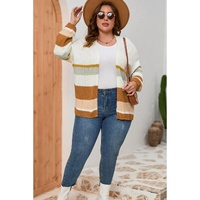 Beige Plus Size Striped Print Open Front Cardigan - 1X thumbnail