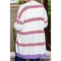 Beige Plus Size Striped Dropped Shoulder Sweater Cardigan - 1X thumbnail