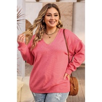 Pink Plus Size Drop Shoulder V Neck Sweater - 2X thumbnail