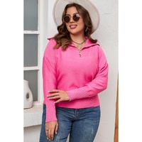 Rose Solid Ribbed Trim Plus Size Zip Collar Sweater - 2X thumbnail
