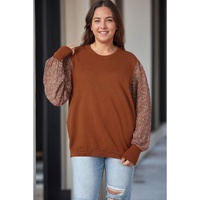 Brown Plus Size Printed Splicing Sleeve Ribbed Trim Sweater - 1X thumbnail