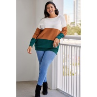 Brown Plus Size Ribbed Trim Color Block Sweater - 3X thumbnail