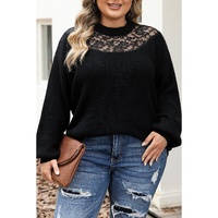 Black Plus Size Ribbed Knit Lace Splicing High Neck Sweater - 1X thumbnail