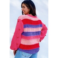 Pink Plus Size Striped Knit Pompom Puff Sleeve Sweater - 2X thumbnail