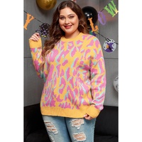 Bright Pink Plus Size Leopard Ribbed Trim Sweater - 1X thumbnail