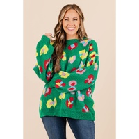 Green Plus Size Floral Knitted Ribbed Edge Drop Shoulder Sweater - 1X thumbnail