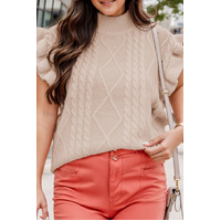 Oatmeal Plus Cable Knit Short Ruffled Sleeve Mock Neck Sweater - 1X thumbnail