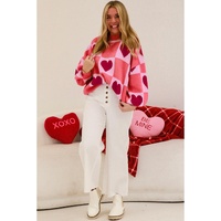 Azura Exchange Pink Plus Size Love Heart Block Mock Neck Lantern Sleeve Valentine Sweater - 1X thumbnail