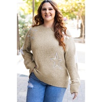 Khaki Star Pattern Drop Shoulder Plus Size Sweater - 1X thumbnail