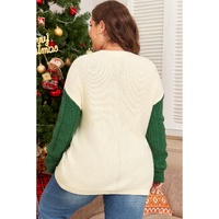 Mist Green Plus Size Cable Knit Color Block Drop Shoulder Sweater - 2X thumbnail