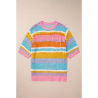 Pink Stripe Plus Size Open Knit Patch Pocket Short Sleeve Sweater - 3X thumbnail