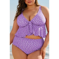 Purple Plus Size Polka Dot Print Ruffled Knotted V Neck Tankini Set - 3X thumbnail