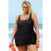 Black Solid Color Square Neck Knotted Plus Size One Piece Swimsuit - 1X thumbnail