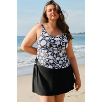 Black Plus Size Printed Square Neck Drawstring Ruffled Tankini Set - 4X thumbnail