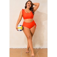 Orange Ruffled Trim Knotted High Waist Plus Size Bikini Set - 1X thumbnail