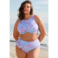 Sky Blue Plus Size Floral Print Twisted High Waist Bikini Set - 4X thumbnail