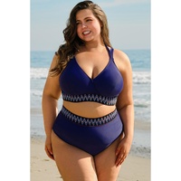 Navy Blue Embroidered Trim Wrap Tie Knot Plus Size High Waisted Bikini - 2X thumbnail