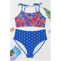 Blue Fashion Print Tied Straps Crop Vest and High Waist Plus Size Bikini - 3X thumbnail