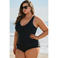 Black Solid Color U Neck Padded Plus Size One Piece Swimsuit - 3X thumbnail