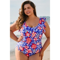 Blue Floral Print Ruffled V Neck High Waist One Piece Swimwear - 1X thumbnail