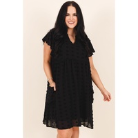 Black Dotty Textured Notched Neck Plus Ruffled Dress - 1X thumbnail