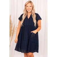 Navy Blue Dotty Textured Notched Neck Plus Ruffled Dress - 2X thumbnail
