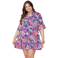 Blue Plus Size Floral Print Ruffled 3/4 Sleeve Mini Dress - 1X thumbnail