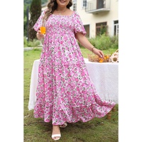 Pink Plus Size Floral Print Smocked Puff Sleeve Dress - 2X thumbnail