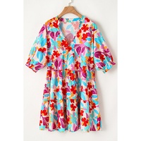Multicolour Floral Tiered V Neck Plus Dress - 1X thumbnail