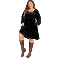 Black Velvet Flounce Sleeve Shirred Bodice Plus Babydoll Dress - 4X thumbnail