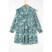 Green Floral Flounce Sleeve Split Neck Plus Size Dress - 3X thumbnail