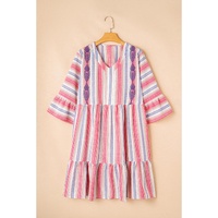White Stripe Plus Size Embroidered Detail Flared 3/4 Sleeve V Neck Dress - 2X thumbnail