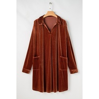 Coffee Plus Size V Neck Collared Pleated Back Rounded Hem Velvet Dress - 4X thumbnail