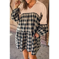 Black Plaid Waffle Knit Patchwork Collared V Neck Plus Size Mini Dress - 2X thumbnail