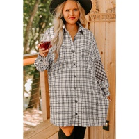 White Stripe Plus Size Plaid Buttoned Raw Hem Tunic Shirt Dress - 1X thumbnail