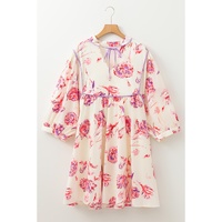 White Floral Print Lace up V Neck Balloon Sleeve Plus Size Shift Mini Dress - 1X thumbnail