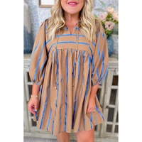 Khaki Stripe Contrast Striped Print 3/4 Sleeve Babydoll Plus Size Dress - 1X thumbnail