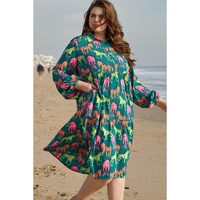 Green Horse Printed Long Sleeve Collared Buttoned Plus Size Midi Dress - 2X thumbnail