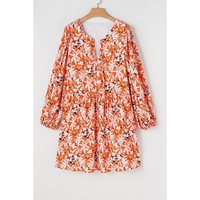 Orange Floral Print Split V Neck Bubble Sleeve Plus Size Midi Dress - 1X thumbnail