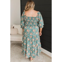 Green Plus Size Floral Print Square Neck Smocked Maxi Dress - 3X thumbnail