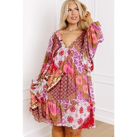 Rose Mixed Floral Long Sleeve V Neck Lace-up Hollowed Back Plus Size Dress - 3X thumbnail