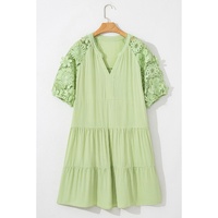 Laurel Green Floral Crochet Short Sleeve Notch V Neck Tiered Plus Size Mini Dress - 2X thumbnail