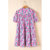 Pink Plus Size Floral Half Button Short Puff Sleeve A-line Dress - 1X thumbnail