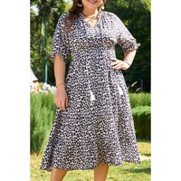 Brown Leopard Tassel Tied Neck Short Sleeve Plus Size Dress - 1X thumbnail